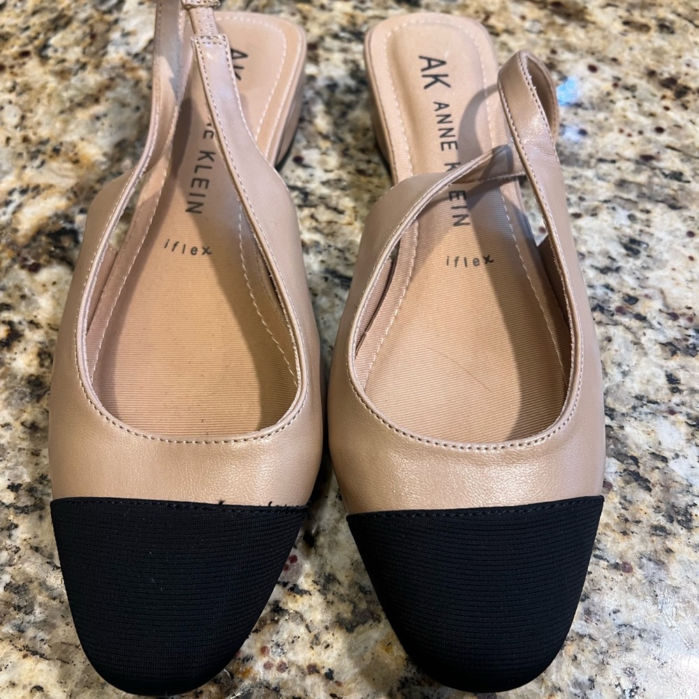 Anne Klein Beige and Black Slingback Flats